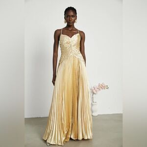 NWT Miss Rosier Eline Pleated Maxi dress Gold 
Beaded